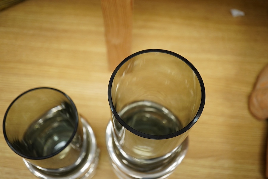 Two Modernist Christofle silver plate mounted glass vases, largest 32cm high. Condition - good